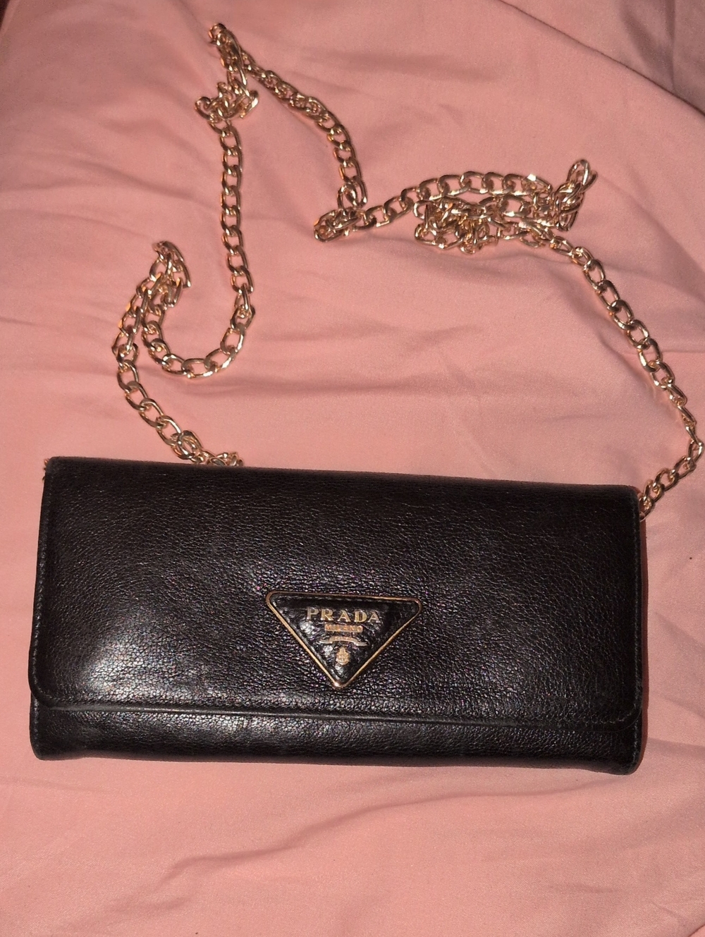 Prada Black Leather Wallet Clutch with Gold Chain